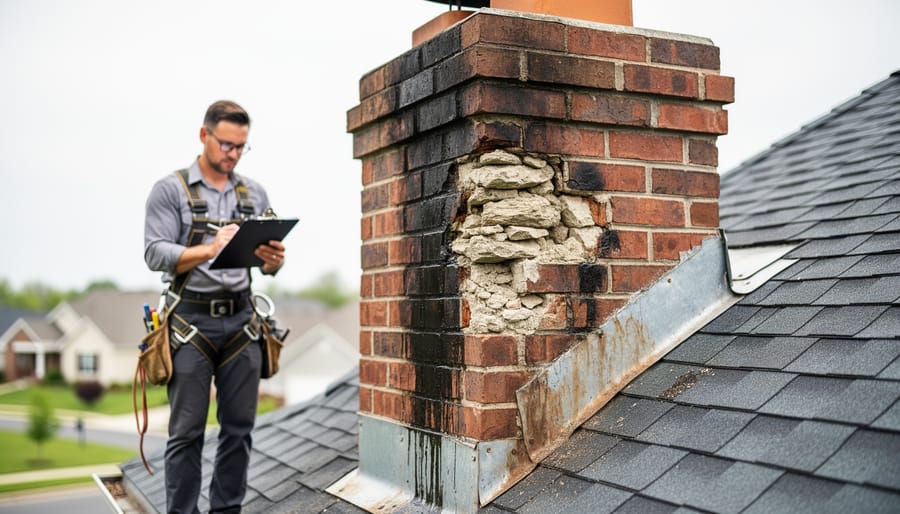 Close-up of old brick fireplace showing crumbling mortar and water damage