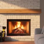 Renovated fireplace with whitewashed brick surround and natural wood mantel glowing with a fire, photographed straight-on at eye level; blurred background shows cozy seating and a neatly arranged chimney inspection toolkit with brush and flashlight near the hearth.