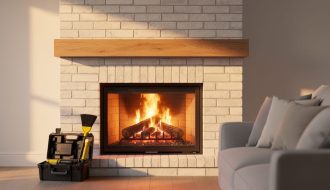 Renovated fireplace with whitewashed brick surround and natural wood mantel glowing with a fire, photographed straight-on at eye level; blurred background shows cozy seating and a neatly arranged chimney inspection toolkit with brush and flashlight near the hearth.