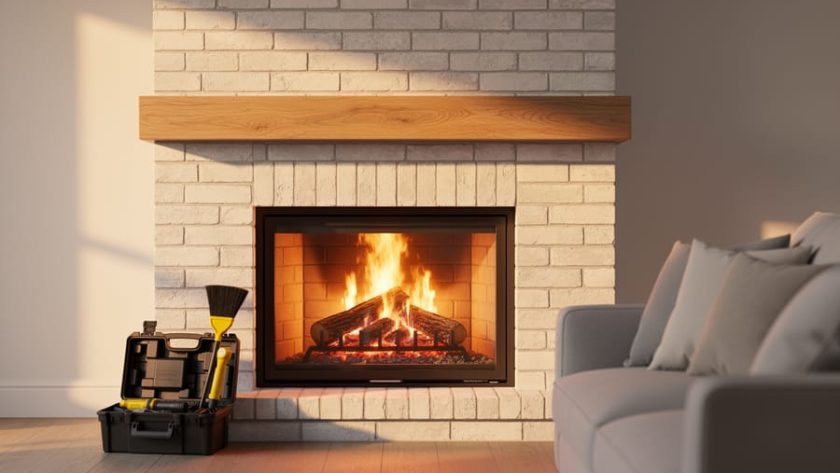 Renovated fireplace with whitewashed brick surround and natural wood mantel glowing with a fire, photographed straight-on at eye level; blurred background shows cozy seating and a neatly arranged chimney inspection toolkit with brush and flashlight near the hearth.