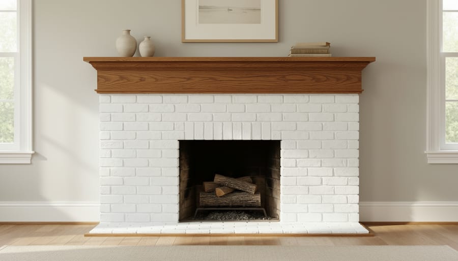 Renovated white painted brick fireplace with wooden mantel in modern farmhouse living room