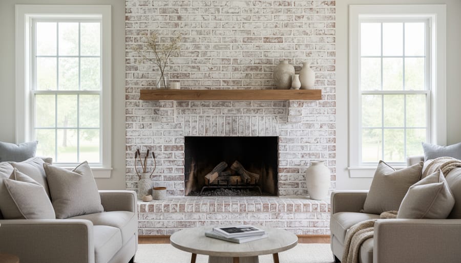 Close-up of hands applying whitewash paint to red brick fireplace surface